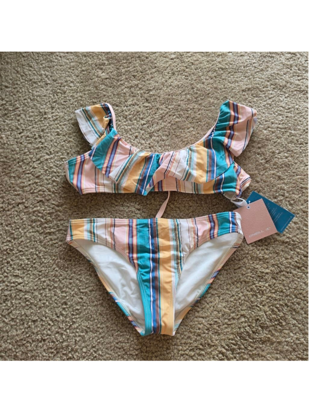 Girls O'Neill Baja Ruffle Bikini Size 14 Teal Pink Stripe